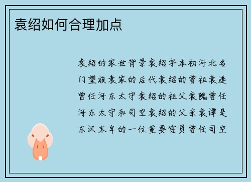 袁绍如何合理加点