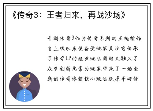 《传奇3：王者归来，再战沙场》